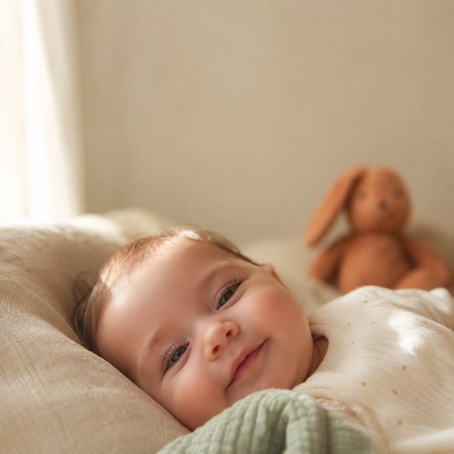 Zufriedenes Baby liegt entspannt im Bett mit Kuscheltier