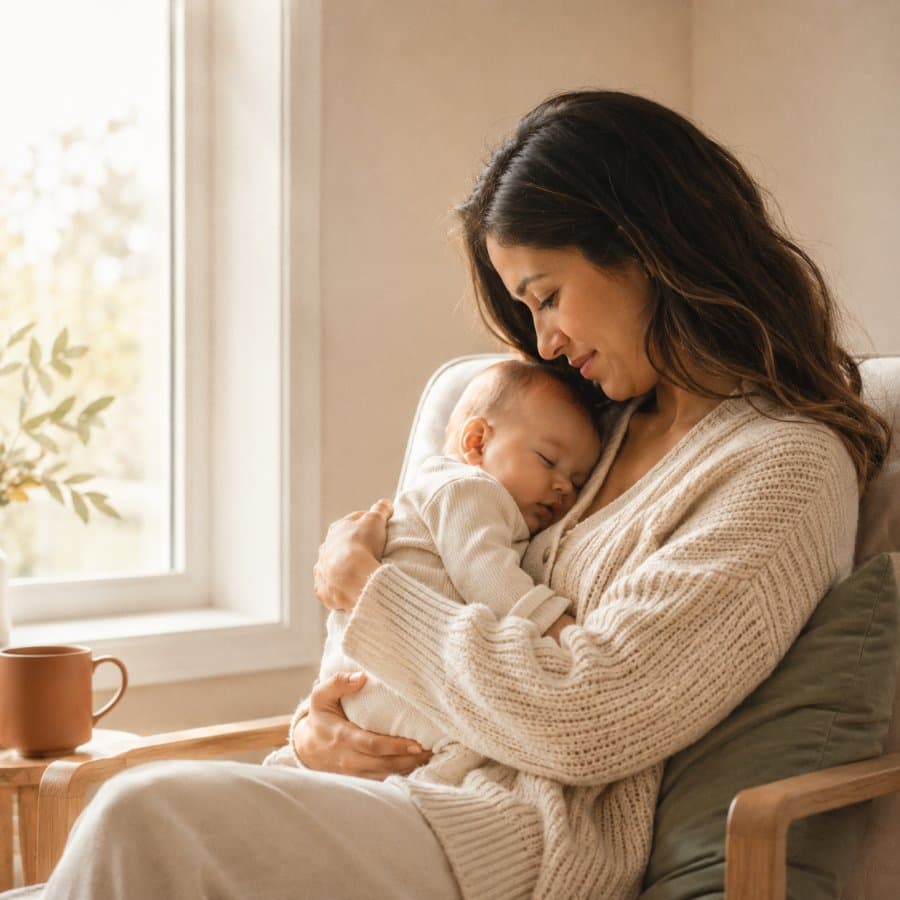 Mama beugt sich liebevoll über ihr schlafendes Neugeborenes im Bettchen